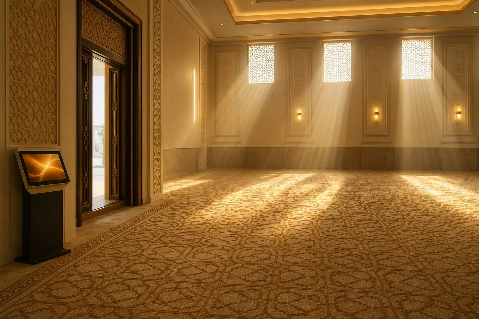 Architectural detail of a masjid hall in daylight — quiet, ordered, and in use.